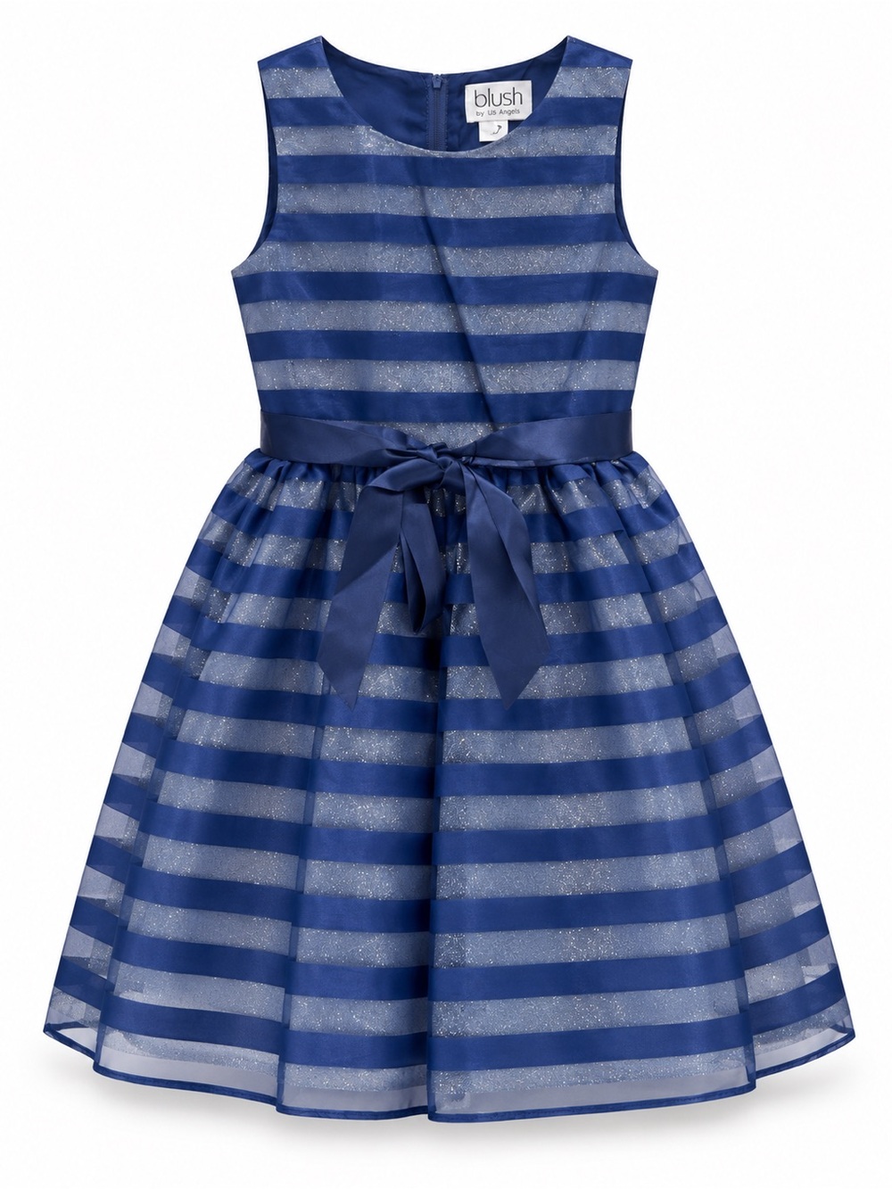 Blush Navy and Silver Striped Satin Bow Party Dress